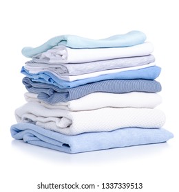 Stack blue white clothing sweater t-shirt on white background isolation