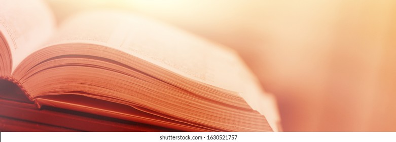 Stack Book In The Library And Blurred Bookshelf Background For Education. Open Book Design For Decorate Wallpaper And Learning Classroom. Education Background. Back To School Concept. 