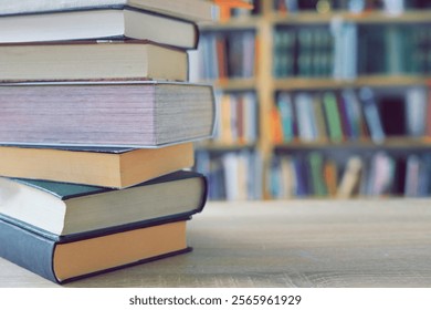 stack of books against the background of library, stack of books in front of library, books on wooden table, education, High quality book photography, Best Book Photo, Edinburgh;Chicago;Medellín