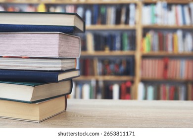 stack of books against the background of library, stack of books in front of library, books on wooden table, education, High quality book photography, Best Book Photo