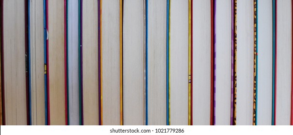 Stack Of Books. Education, Knowledge, Learn, Study And Wisdom Concept. Horizontal Layout Of Childrens Books. Front Of Books With Colorful Covers.