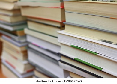 Stack of books in library
