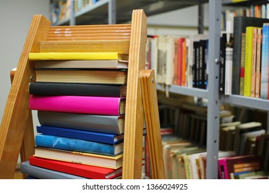 Stack of books in library