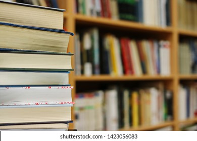 Stack of books in library