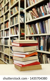 Stack of books in library