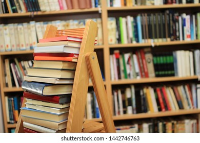 Stack of books in library