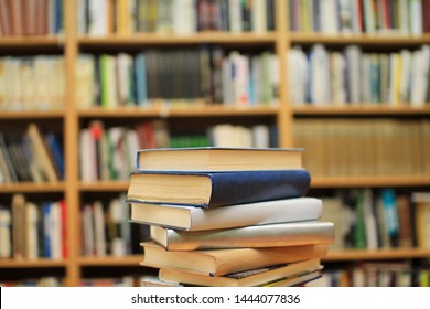 Stack of books in library