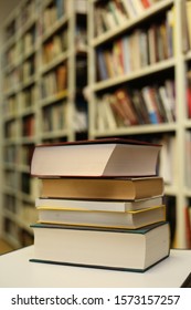 Stack of books in library