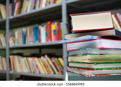 Stack of books in library