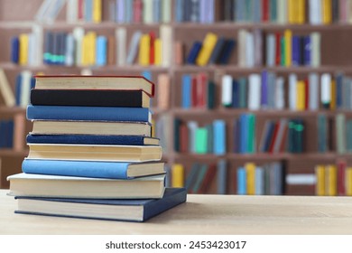 stack of books in library