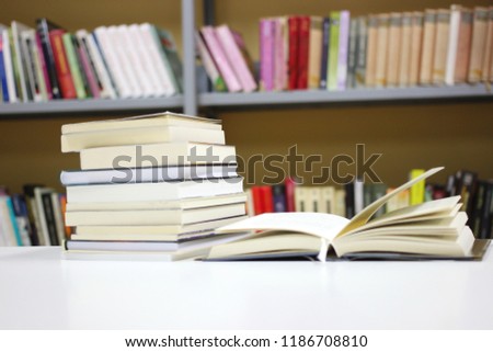 Stack of books in library