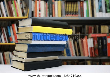 Stack of books in library