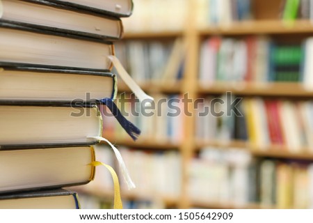 Stack of books in library