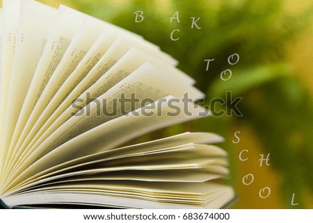 Stack of books on green background with concept back to school