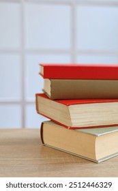 stack of books on table, education and learning concept, library, schol, academic