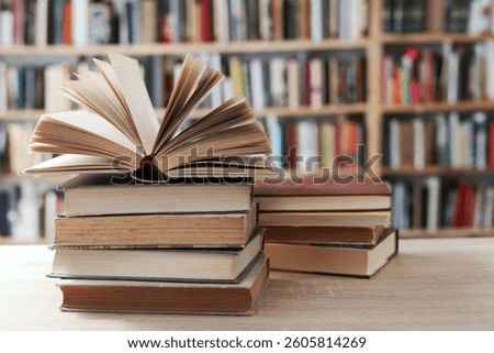 stack of  books on the table, High quality photos of books, education, school, library, books on shelf, books, book mockup,
