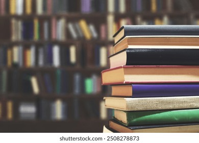 Stack of books on the table in library, school, education