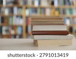 stack of books on table in library.High quality photos of books, education, Best Book Photo,
