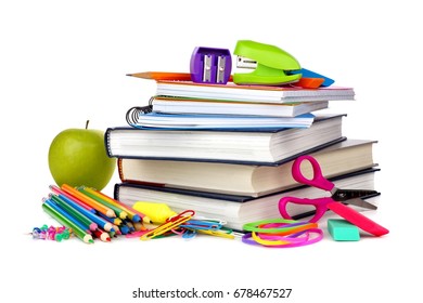 stacks of books with school supplies stacks of books with school supplies
