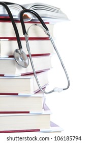 Stack Of Books And A Stethoscope Medical On A White Background.