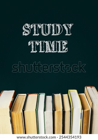Stack of books with the words Study Time written above them. The books are arranged in a row, with some of them being larger than others. Concept of learning and education