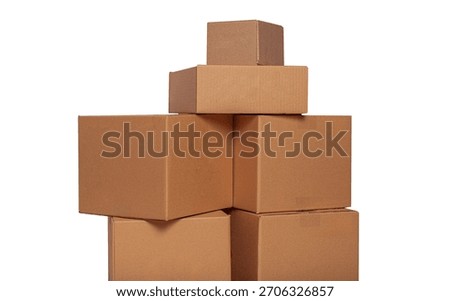 A stack of brown cardboard boxes is arranged against a clean white background.