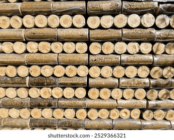 A stack of brown compressed wood logs are arranged in rows, creating a pattern of circles and rectangles.