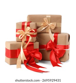 Stack of brown paper gift boxes with red and gold ribbons, holiday celebration and special occasion presents