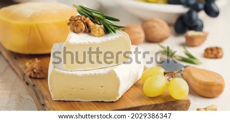 Stack Camembert cheese with grapes, walnuts and basil on gray light concrete or stone background. Toned image. Selective focus