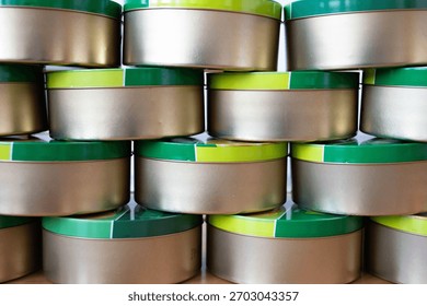 Stack of candy boxes on a shelf close-up
