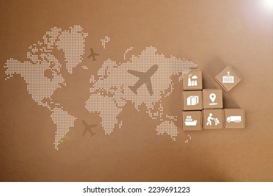 Stack of cardboard boxes and airplane with fast delivery of goods and products . Commodity trading, logistics, air cargo, parcels, airmail, shipping, fast delivery concept.