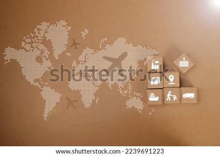Stack of cardboard boxes and airplane with fast delivery of goods and products . Commodity trading, logistics, air cargo, parcels, airmail, shipping, fast delivery concept.