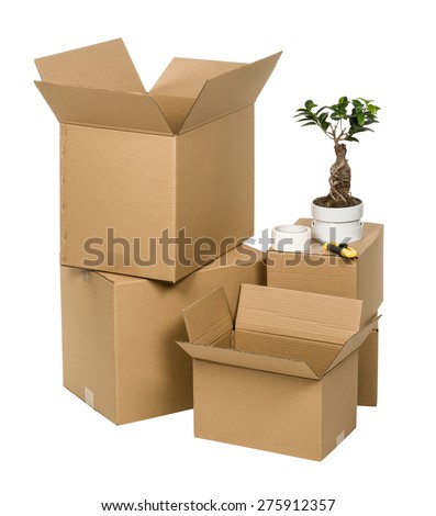 Stack of cardboard boxes isolated on white background with flower, tape and knife
