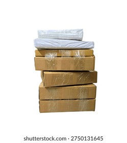 Stack of cardboard boxes and shipping parcels wrapped in plastic and tape isolated on white background, concept for e-commerce delivery, logistics industry, and warehouse package distribution