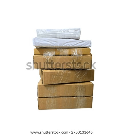 Stack of cardboard boxes and shipping parcels wrapped in plastic and tape isolated on white background, concept for e-commerce delivery, logistics industry, and warehouse package distribution