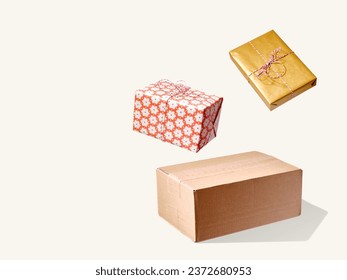 Stack of cardboard parcels floating against beige background