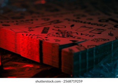 A stack of cardboard sheets with hand-drawn doodle-style graphics, illuminated by vibrant red and teal lighting, creating a modern and artistic atmosphere.

 - Powered by Shutterstock - Get 15% off with code: PIKWIZARD15