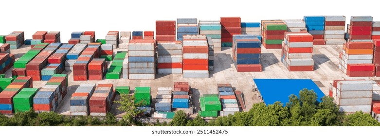 Stack of cargo containers in a terminal shipping yard on a white background.