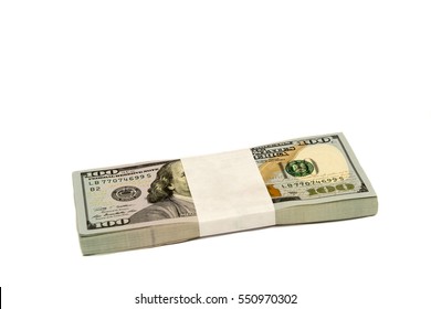 Stack Of Cash Money In Hundred Dollar Banknotes Isolated With Copy Space