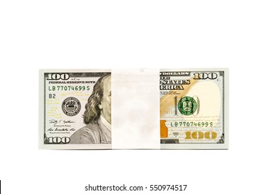 Stack Of Cash Money In Hundred Dollar Banknotes Isolated With Copy Space