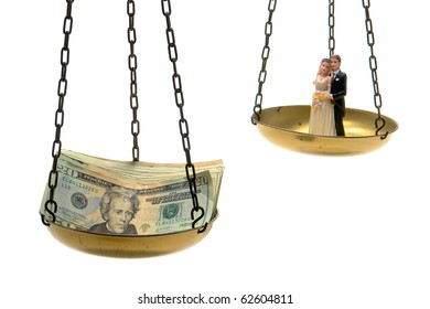 Stack Of Cash Money And Wedding Couple Cake Topper Figurine In Balance Scale As Metaphor For Balancing The High Cost Of Getting Married And Marriage Isolated On White
