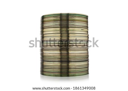 Stack of CD or DVD disk isolated on white background. Set collection pile of discs. Heap of data, information concept. Old technology.