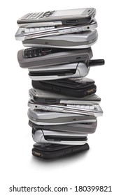 Stack Of Cell Phones, Cut Out On White Background