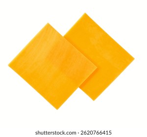 Stack of cheddar cheese slices, sliced natural cheese cheddar isolated on a white background, top view.