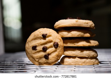 Stack of chocolate chip cookies on wire rack,Bakery homemade.