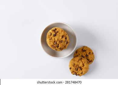 Stack Of Chocolate Chip Cookies In White Bowl