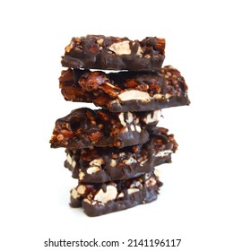 Stack chocolate chip with peanuts protein bars isolated on a white background.
