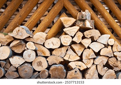 Stack of chopped firewood logs neatly arranged under a wooden shelter, highlighting natural wood textures and structure. Ideal for themes of rustic lifestyle, winter preparation, or organic materials. - Powered by Shutterstock