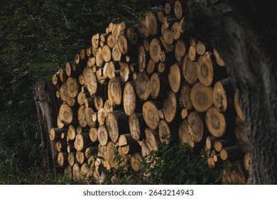 A stack of chopped logs neatly arranged in a forest setting.