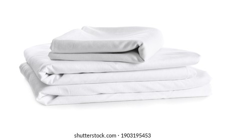 Stack of clean bed linen isolated on white